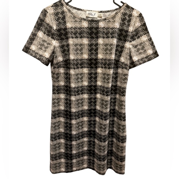 Eliza J. Sheath Short Sleeve Printed Sophisticated Dress Black Tan Sz 6 - Picture 3 of 12